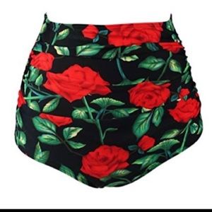 High Waist Retro Red Rose Black Swim Bottoms 2XL